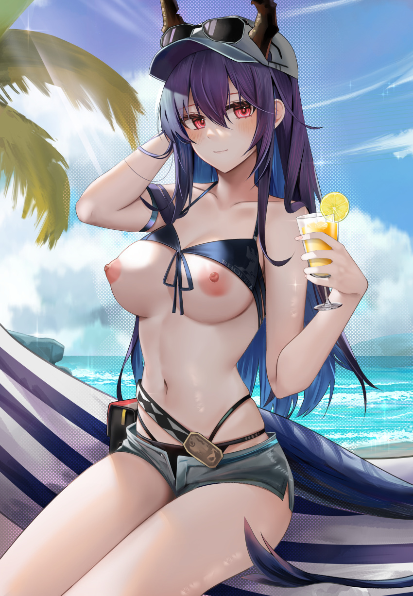 arknights bikini breasts ch'en_(arknights) horns megane nipples ru_zhai swimsuits tail