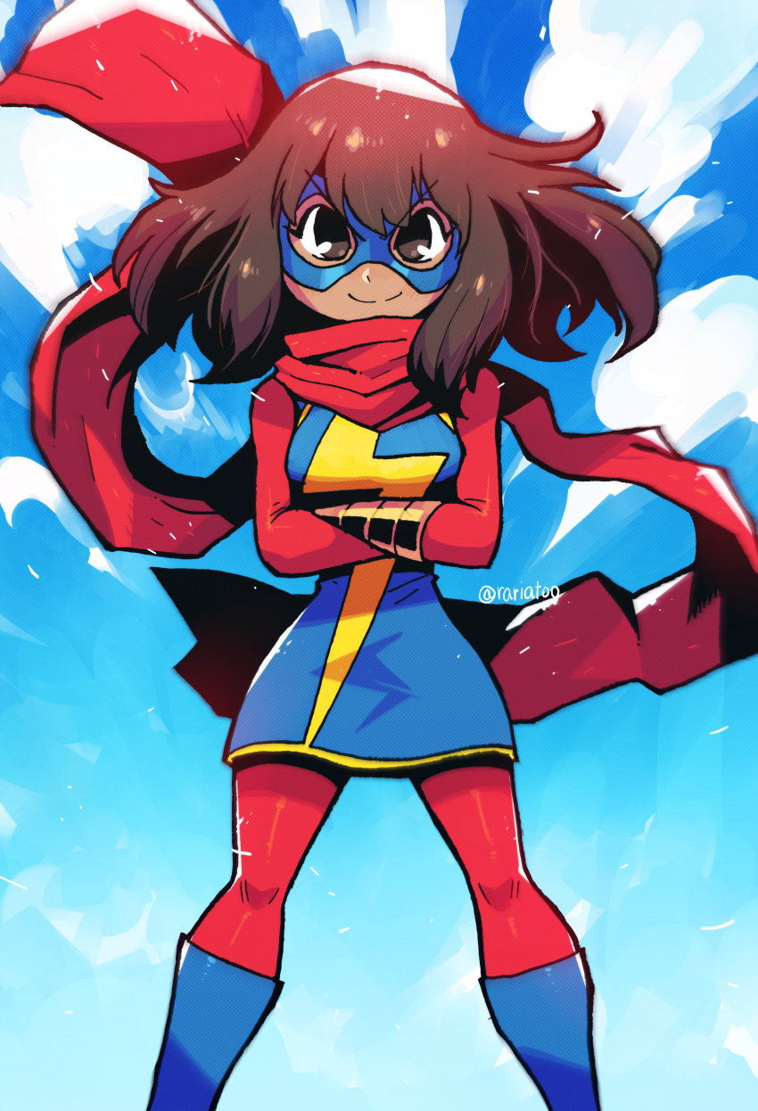 1girl absurdres blue_footwear blue_sky boots bracer brown_hair cloud crossed_arms dark-skinned_female dark_skin gunbuster_pose highres kamala_khan looking_at_viewer marvel mask medium_hair ms._marvel rariatto_(ganguri) red_legwear scarf sky smile solo superhero v-shaped_eyebrows western_comics