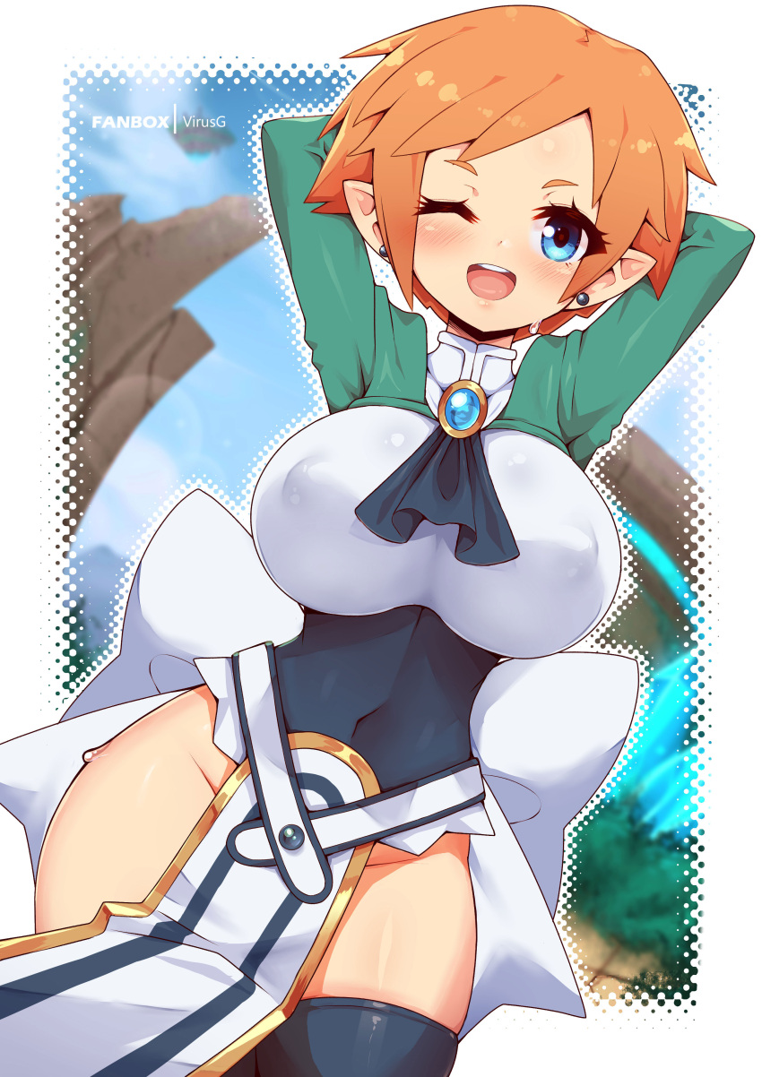 1girl ;d absurdres arms_behind_head ascot black_neckwear blue_eyes blush breasts covered_navel covered_nipples cowboy_shot disgaea dithering earrings groin highres jewelry large_breasts looking_at_viewer magic_knight_(disgaea) nipples no_panties one_eye_closed orange_hair pelvic_curtain pointy_ears short_hair shrug_(clothing) smile solo sweatdrop teeth thighhighs upper_teeth virus-g