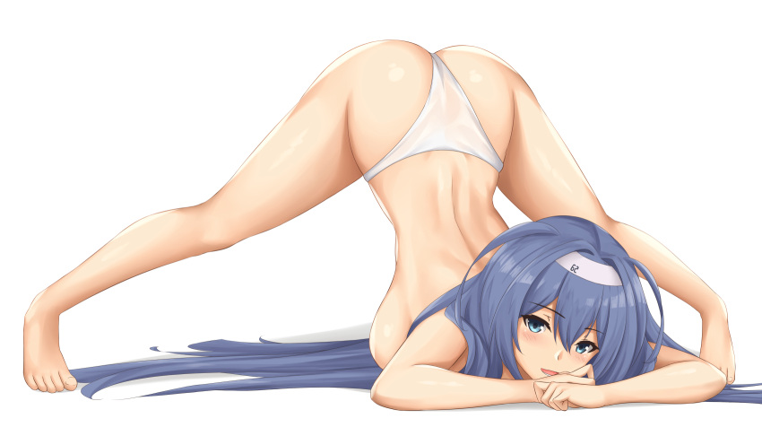 1girl :d ahoge arciealbano arm_support ass azur_lane back bare_legs barefoot blue_eyes blue_hair blush breasts commentary_request hairband highres jack-o'_challenge large_breasts looking_at_viewer mixed-language_commentary new_jersey_(azur_lane) open_mouth panties simple_background smile solo spread_legs top-down_bottom-up topless underwear underwear_only white_background white_hairband white_panties