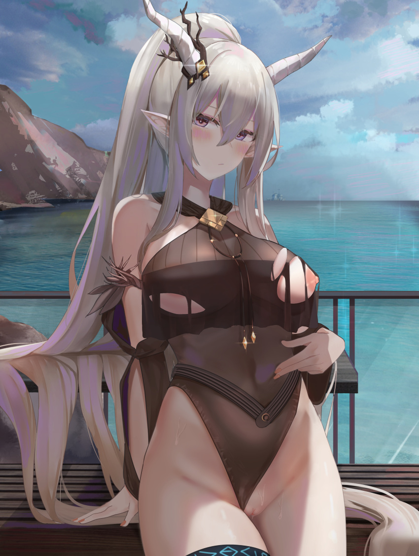 arknights horns nipples pointy_ears pussy pussy_juice ru_zhai see_through shining_(arknights) swimsuits torn_clothes