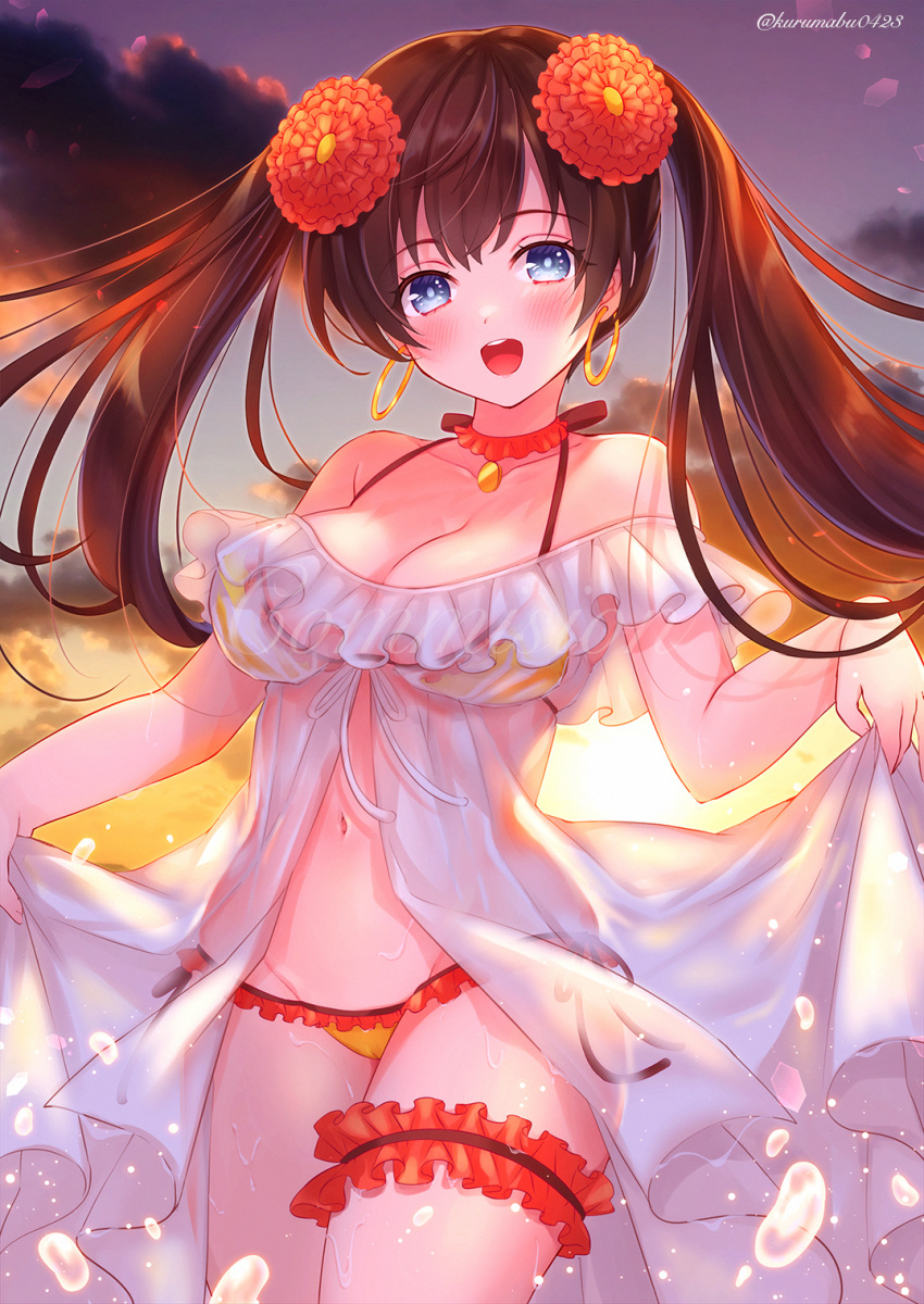 1girl bare_shoulders blue_eyes breasts brown_hair choker cleavage collarbone cowboy_shot earrings evening fate/grand_order fate_(series) flower frilled_choker frills gold groin hair_flower hair_ornament highres hoop_earrings jewelry long_hair looking_at_viewer mata_hari_(fate) medium_breasts navel open_mouth pendant pendant_choker pika_mouse see-through sky smile swimsuit thigh_strap twintails water_drop