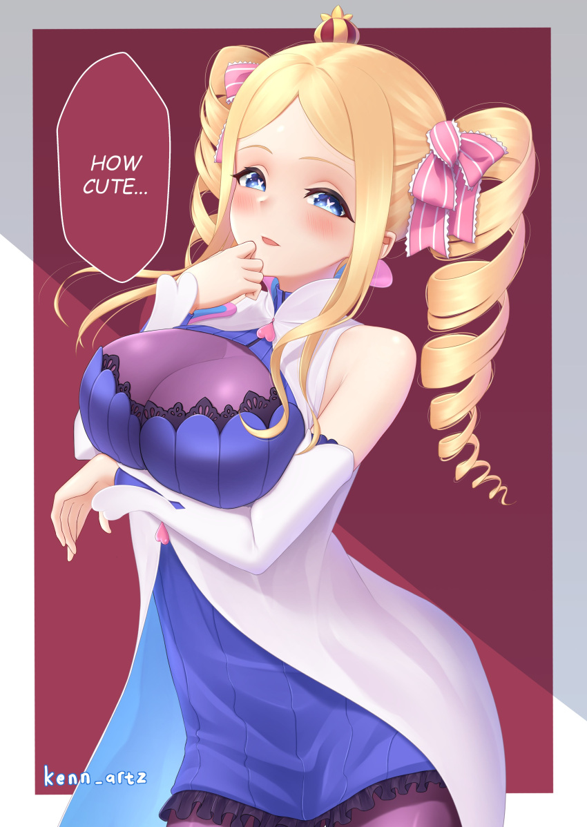 1girl absurdres alternate_breast_size bare_shoulders beatrice_(re:zero) blonde_hair blue_eyes blush bodystocking bodysuit breasts cleavage cleavage_cutout clothing_cutout coat commission cosplay crown detached_sleeves drill_hair english_text frills hand_to_own_mouth highres kenn_artz large_breasts lips long_hair looking_at_viewer minerva_(re:zero) mini_crown older open_mouth pantyhose re:zero_kara_hajimeru_isekai_seikatsu second-party_source shiny sidelocks speech_bubble symbol-shaped_pupils twin_drills white_coat