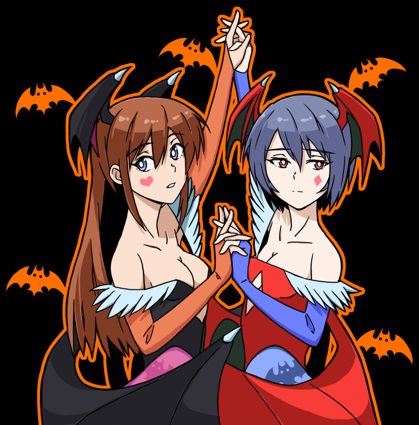 2girls animal_print ayanami_rei bat_print black_background black_leotard black_wings blue_eyes blue_hair breasts brown_hair cleavage commentary cosplay diamond_(symbol) feather_trim fingerless_gloves gloves head_wings heart heart_tattoo highres holding_hands interlocked_fingers leotard lilith_aensland lilith_aensland_(cosplay) long_hair looking_at_viewer morrigan_aensland morrigan_aensland_(cosplay) multicolored multicolored_clothes multiple_girls neon_genesis_evangelion red_eyes red_leotard red_wings sasihmi short_hair souryuu_asuka_langley tagme tattoo vampire_(game) wings