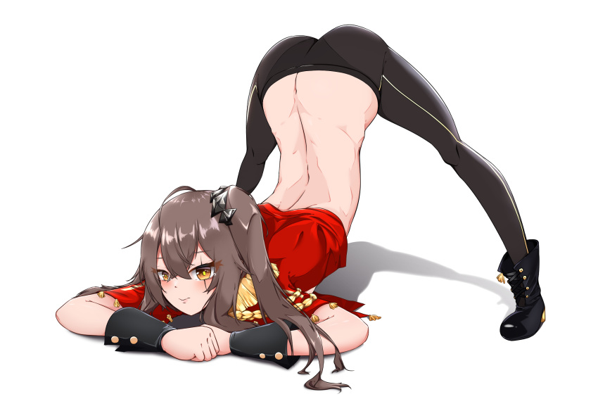 1girl :s ass back bangs bare_back black_footwear black_pants boots breasts closed_mouth commentary_request epaulettes eyebrows eyebrows_visible_through_hair eyes_visible_through_hair girls'_frontline grey_hair head_tilt highres jack-o'_challenge kaeru-taro leggings long_hair looking_at_viewer own_hands_together pants ponytail red_shirt scar scar_across_eye shirt short_sleeves side_ponytail sidelocks simple_background small_breasts solo ump45_(girls'_frontline) white_background wrist_cuffs yellow_eyes