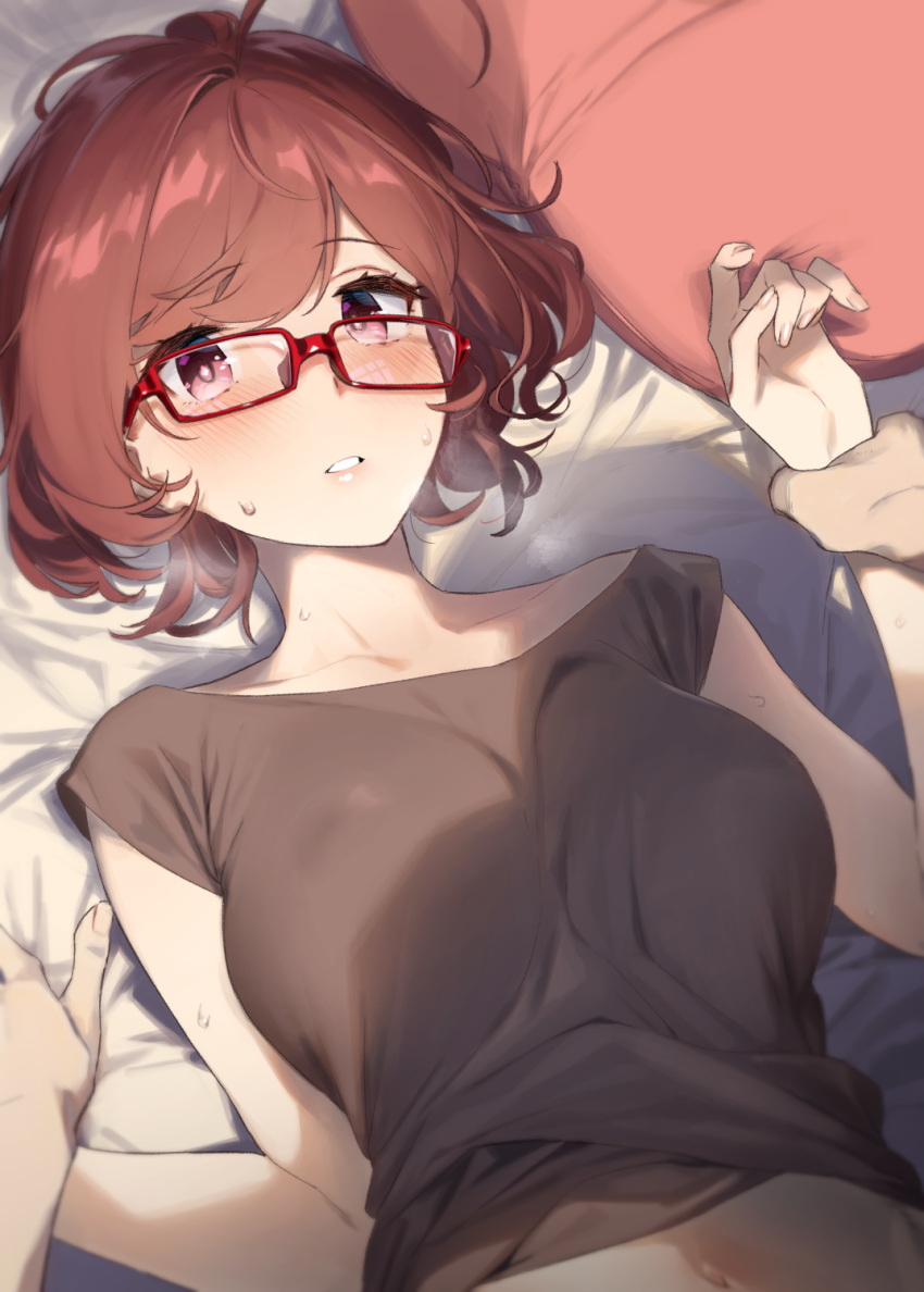 1boy 1girl 92m arm_grab blush breasts breath brown_hair glasses highres large_breasts looking_at_viewer midriff original parted_lips pink_eyes push_down red-framed_eyewear short_hair sweat visible_air