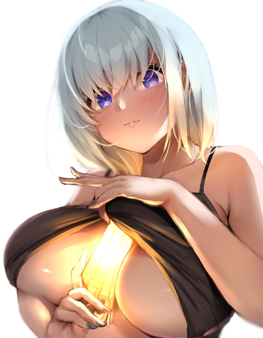 1girl absurdres bangs banned_artist bare_arms bare_shoulders between_breasts blush breasts camisole_lift closed_mouth collarbone fay_(fay_axl) glowstick highres holding large_breasts lifted_by_self looking_at_viewer original purple_eyes short_hair silver_hair sleeveless smile solo spaghetti_strap underboob v