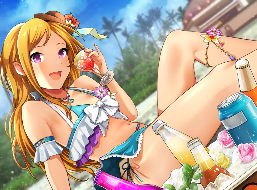 1girl :d anklet arm_support armband bangs bare_shoulders beach beads bikini bikini_skirt blue_skirt blue_sky bow bow_bikini bow_swimsuit breasts bush can cup drinking_glass flower glass_bottle halterneck hanamasa_ono hat hibiscus highres ice idolmaster idolmaster_million_live! jewelry knee_up light_blush light_particles long_hair looking_at_viewer mini_hat momose_rio navel open_mouth orange_hair palm_tree pink_flower pink_rose purple_eyes red_flower rose side-tie_bikini sitting skirt sky small_breasts smile solo swimsuit tree tropical_drink two-tone_bikini two-tone_swimsuit white_bow yellow_flower yellow_rose
