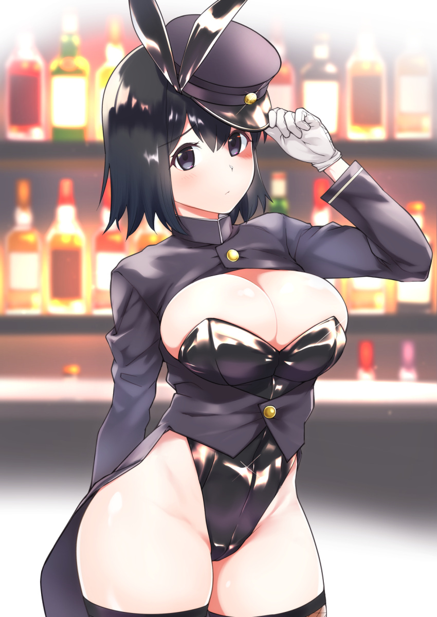 1girl adapted_costume akitsu_maru_(kancolle) alcohol animal_ears arm_up bangs black_eyes black_hair black_headwear black_legwear blush bottle breasts cleavage cowboy_shot fake_animal_ears fishnet_legwear fishnets gloves groin hand_on_headwear hat highres kantai_collection large_breasts leotard looking_at_viewer military_hat peaked_cap playboy_bunny rabbit_ears rampage_2nd shiny shiny_clothes short_hair solo thick_thighs thighhighs thighs white_gloves