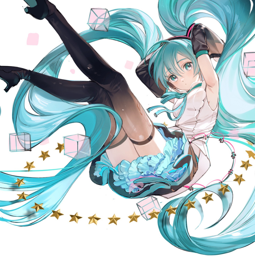 hatsune_miku headphones heels rumoon skirt_lift tagme thighhighs vocaloid