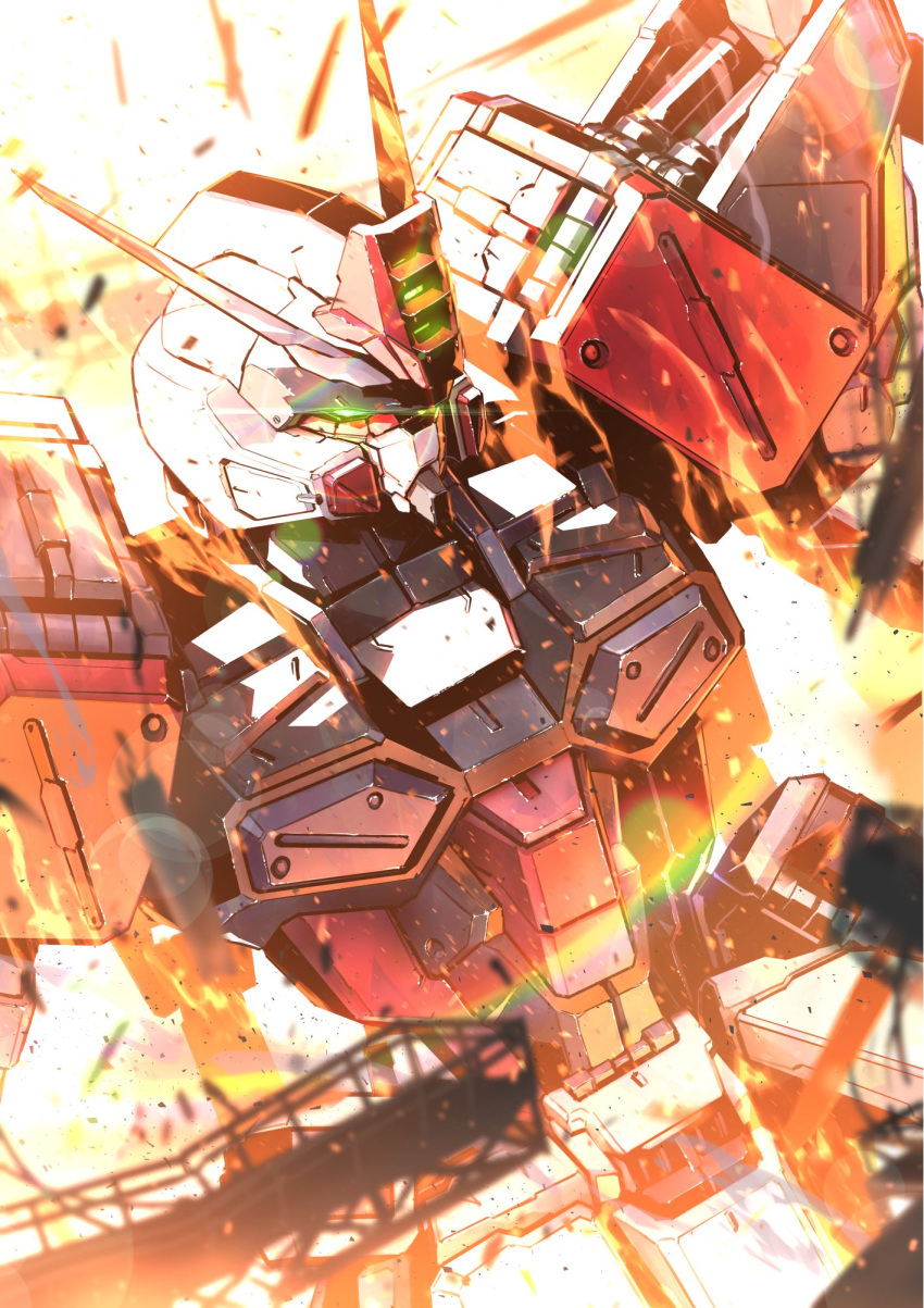 buster_gundam glowing glowing_eye green_hair gundam gundam_seed highres kuri_giepi lens_flare looking_down mecha mobile_suit no_humans science_fiction solo upper_body v-fin