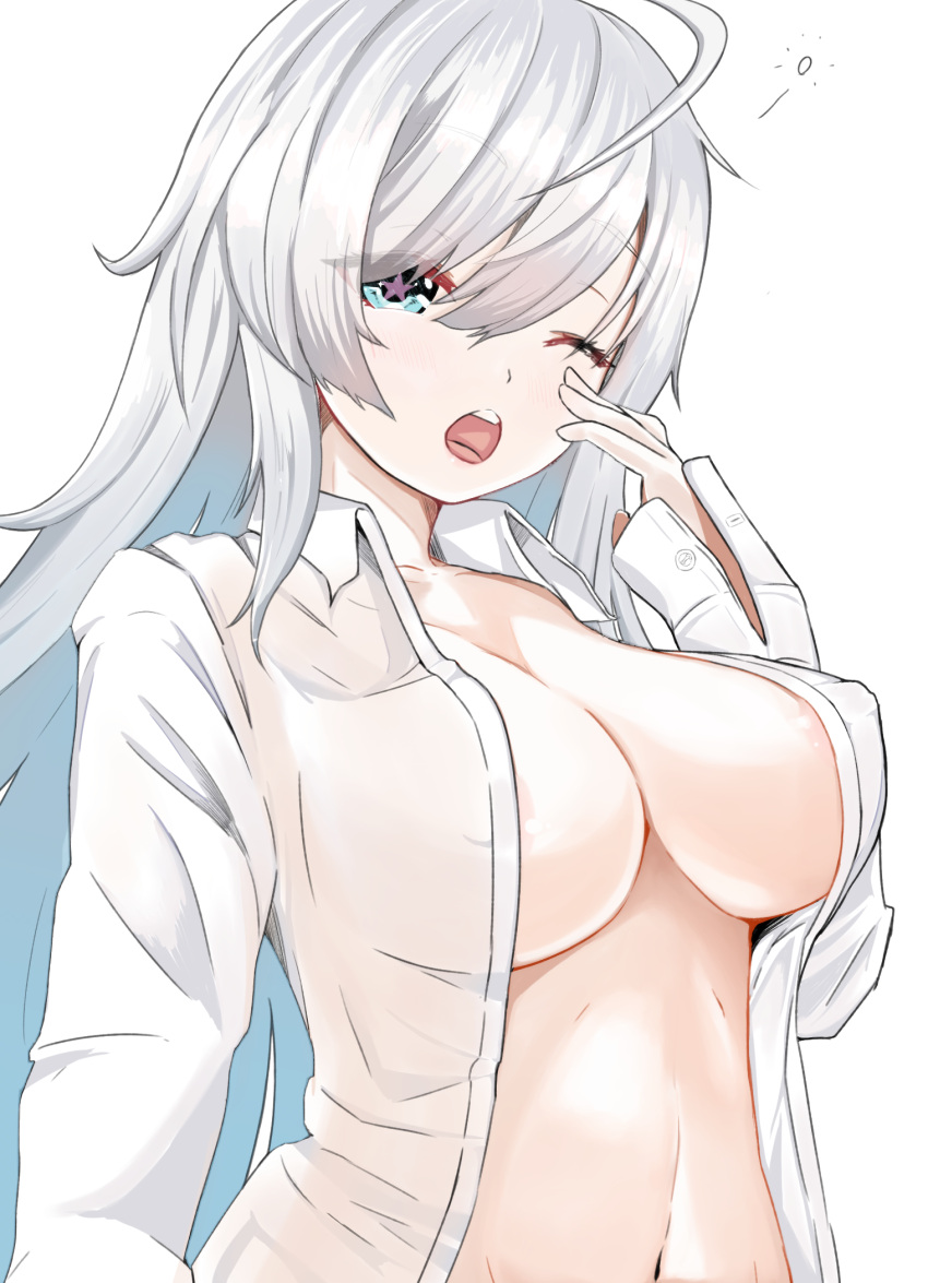 1girl ahoge areola_slip areolae bizen_kurage blue_eyes breasts collared_shirt commentary_request covered_nipples eyebrows_visible_through_hair girls'_frontline hair_between_eyes hand_to_own_mouth highres large_breasts long_hair long_sleeves messy_hair navel one_eye_closed open_clothes open_shirt ots-12_(girls'_frontline) shirt solo star-shaped_pupils star_(symbol) symbol-shaped_pupils upper_body white_background white_hair white_shirt yawning