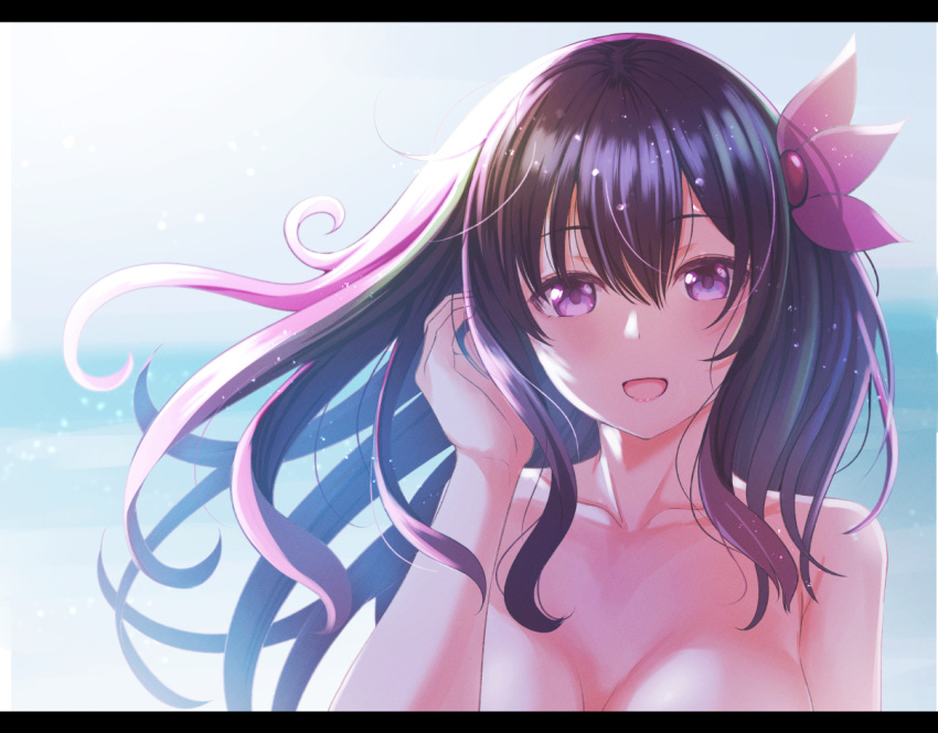 1girl black_border border breasts brown_hair hair_between_eyes hair_ornament kantai_collection kisaragi_(kancolle) letterboxed long_hair looking_at_viewer medium_breasts ocean open_mouth portrait purple_eyes smile solo takamichis211