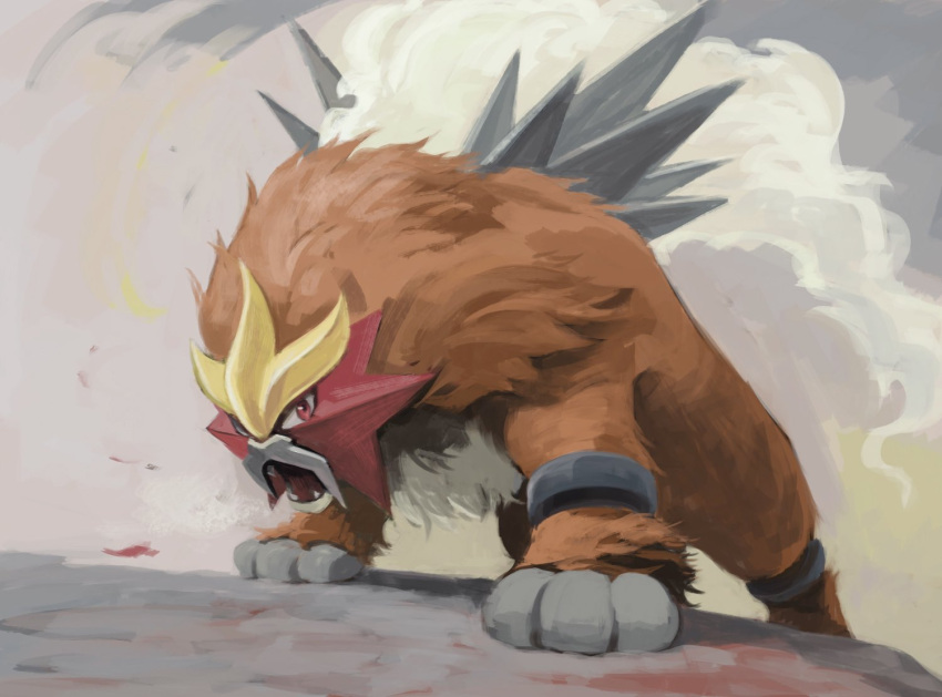 commentary entei fangs from_below gen_2_pokemon legendary_pokemon looking_at_viewer no_humans open_mouth pokemon pokemon_(creature) red_eyes smoke solo standing toes tongue uninori