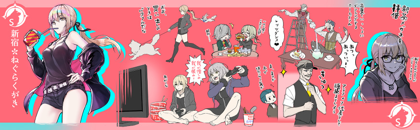 2girls 3boys animal artoria_pendragon_(fate) bare_legs barefoot belt blonde_hair breasts burger cavall_the_2nd coat controller cup dog drinking eating edmond_dantes_(fate) fate/grand_order fate_(series) food fou_(fate) game_controller glasses highres holding holding_cup holding_food jacket james_moriarty_(fate) jeanne_d'arc_(alter)_(fate) jeanne_d'arc_(fate)_(all) jet_black_king_of_knights_ver._shinjuku_1999 long_hair looking_at_viewer multiple_boys multiple_girls playing_games ponytail saber_alter sherlock_holmes_(fate) shirt short_hair shorts silver_hair sitting smile suishougensou wicked_dragon_witch_ver._shinjuku_1999