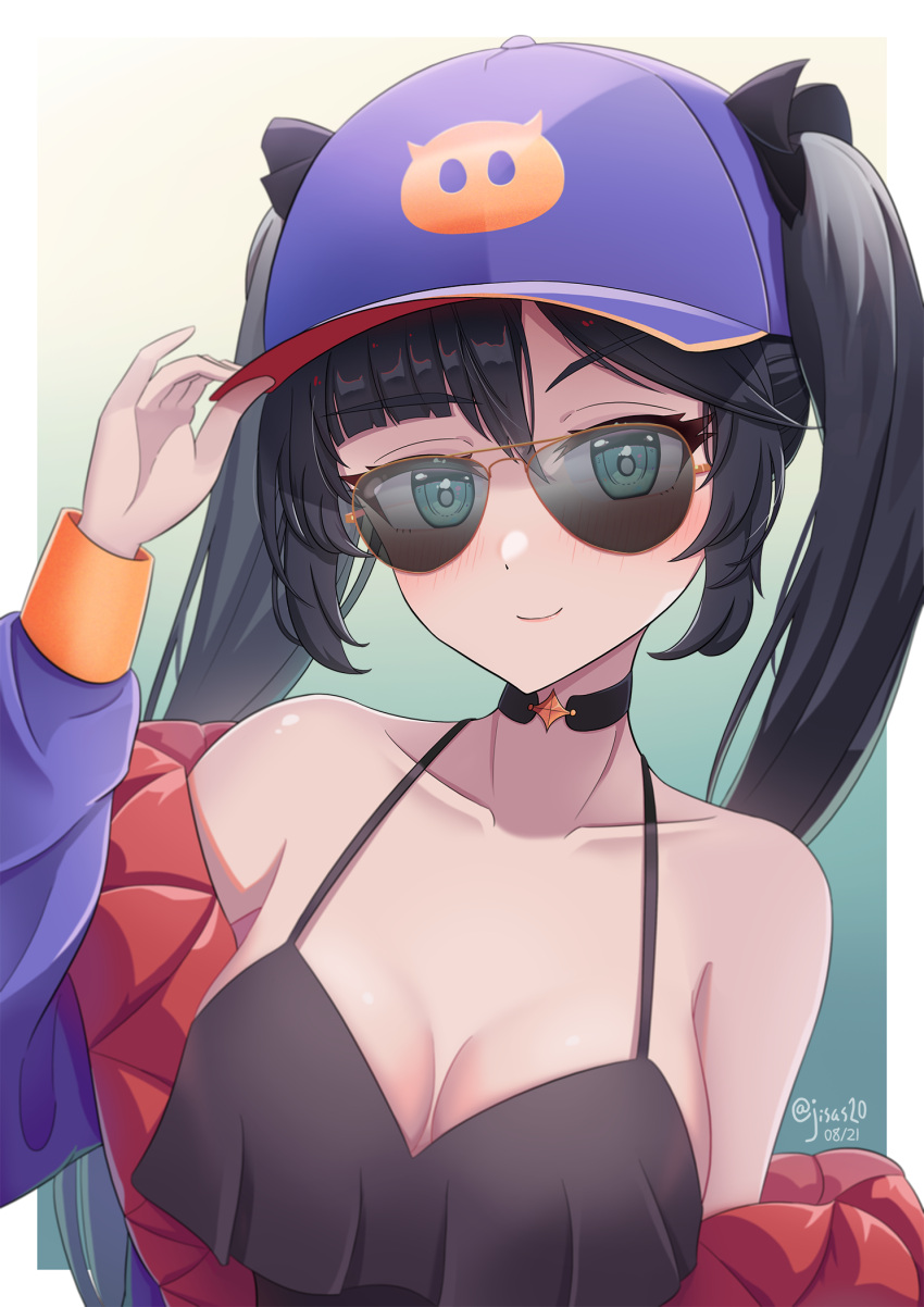1girl alternate_costume aqua_eyes asymmetrical_hair aviator_sunglasses bangs bare_shoulders baseball_cap black_choker black_hair blush breasts camisole choker cleavage closed_mouth collarbone commentary dated eyebrows_visible_through_hair genshin_impact gradient gradient_background green_background hand_on_headwear hand_up hat highres jacket jisas long_hair looking_at_viewer medium_breasts mona_(genshin_impact) off_shoulder open_clothes open_jacket purple_headwear purple_jacket sidelocks smile solo sunglasses twintails upper_body