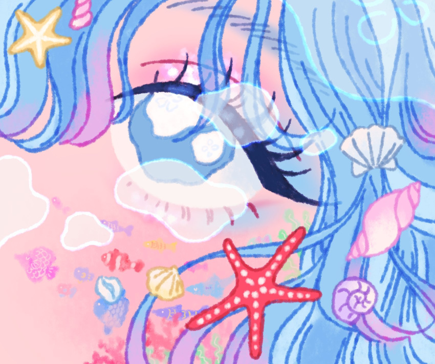 1girl blue_eyes blue_hair clownfish coral crying crying_with_eyes_open doodle eye eye_focus eyebrows eyelashes eyeshadow facepaint facial_tattoo fish highres icon makeup multicolored_hair ocean original pink_eyeshadow purple_hair rikuwo seashell shell shell_hair_ornament solo starfish sunfish tattoo tears watery_eyes