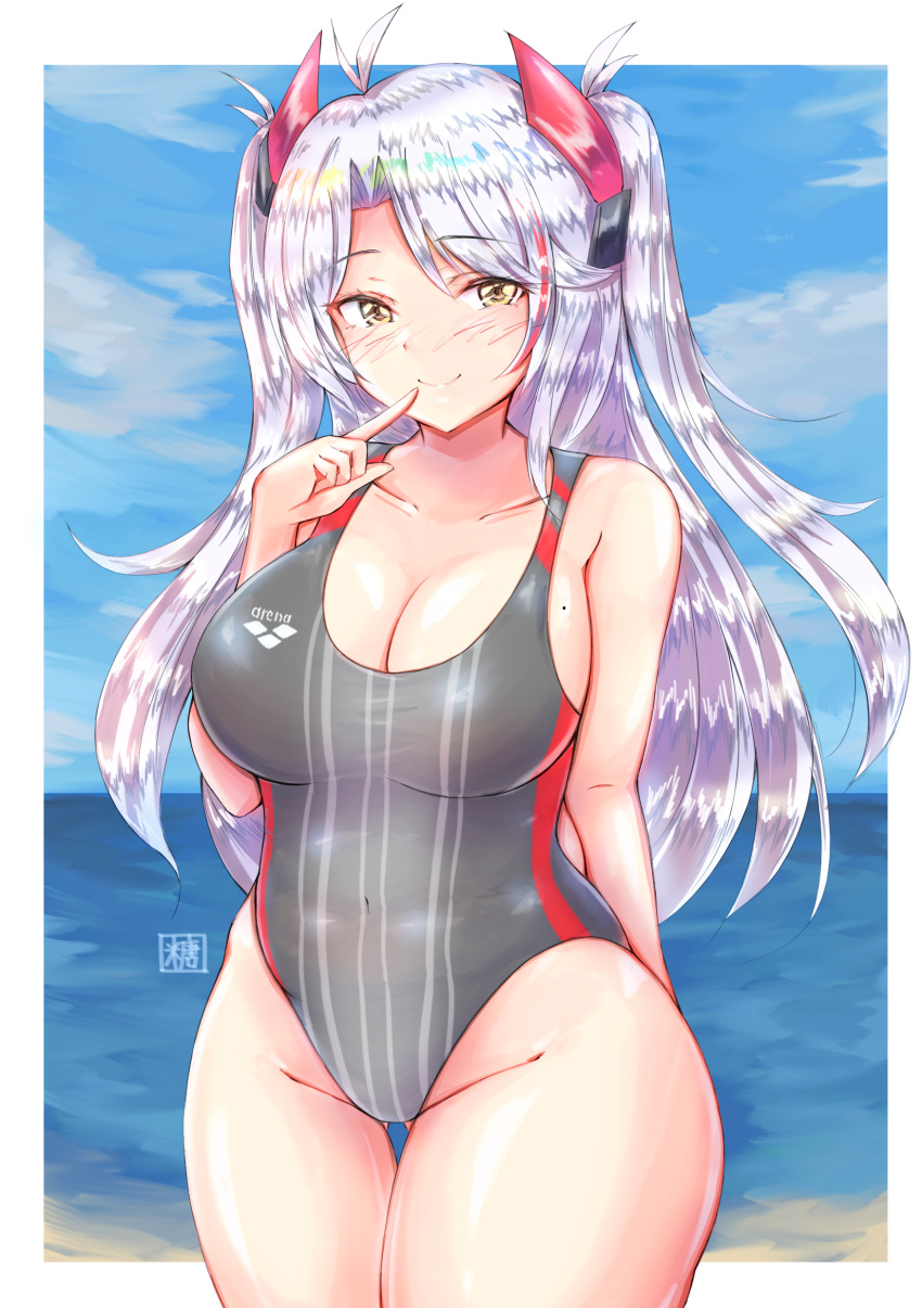 1girl absurdres alternate_costume azur_lane breasts cleavage competition_swimsuit finger_to_mouth highres large_breasts long_hair looking_at_viewer multicolored_hair one-piece_swimsuit prinz_eugen_(azur_lane) red_hair solo streaked_hair swimsuit thigh_gap thighs tong_shui twintails two-tone_hair white_hair yellow_eyes