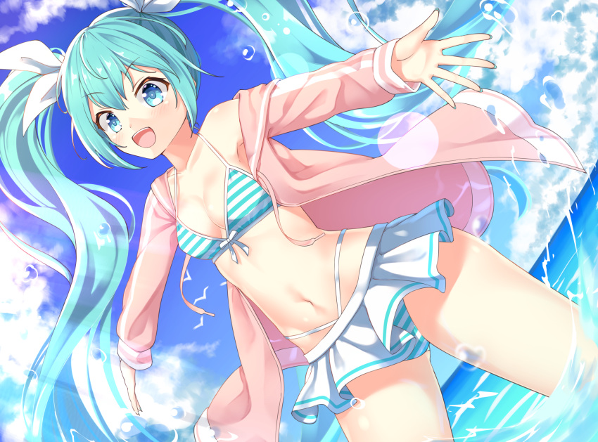 1girl :d bangs bikini bikini_skirt blue_sky breasts cleavage cloud collarbone commentary curved_horizon day dutch_angle eyebrows_visible_through_hair hair_ribbon hatsune_miku highres jacket lens_flare long_hair looking_at_viewer midriff navel ocean open_clothes open_jacket open_mouth outdoors outstretched_arms pink_jacket ribbon shinko_gunsei sidelocks sky small_breasts smile solo spread_arms striped striped_bikini swimsuit thighs twintails upper_teeth very_long_hair vocaloid wading water_drop