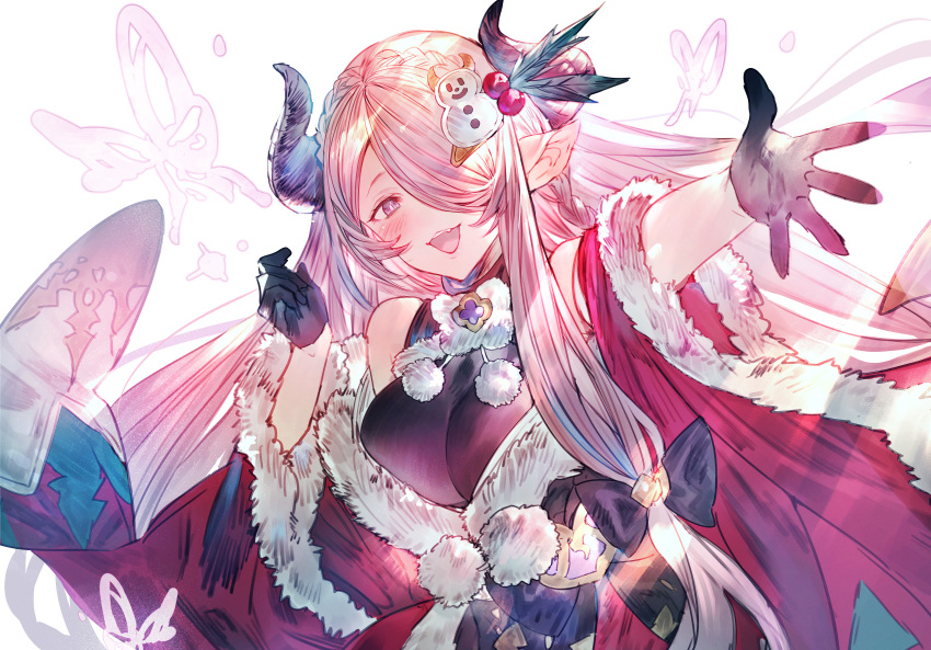 absurdres black_gloves blue_eyes blush braid breasts christmas commentary_request draph dress fur-trimmed_dress fur_trim gloves granblue_fantasy hair_ornament hair_over_one_eye highres horns huge_filesize large_breasts light_purple_hair long_hair low_tied_hair mayutsuba_mono narmaya_(granblue_fantasy) outstretched_arm pointy_ears purple_hair red_dress single_braid snowman_hair_ornament white_background