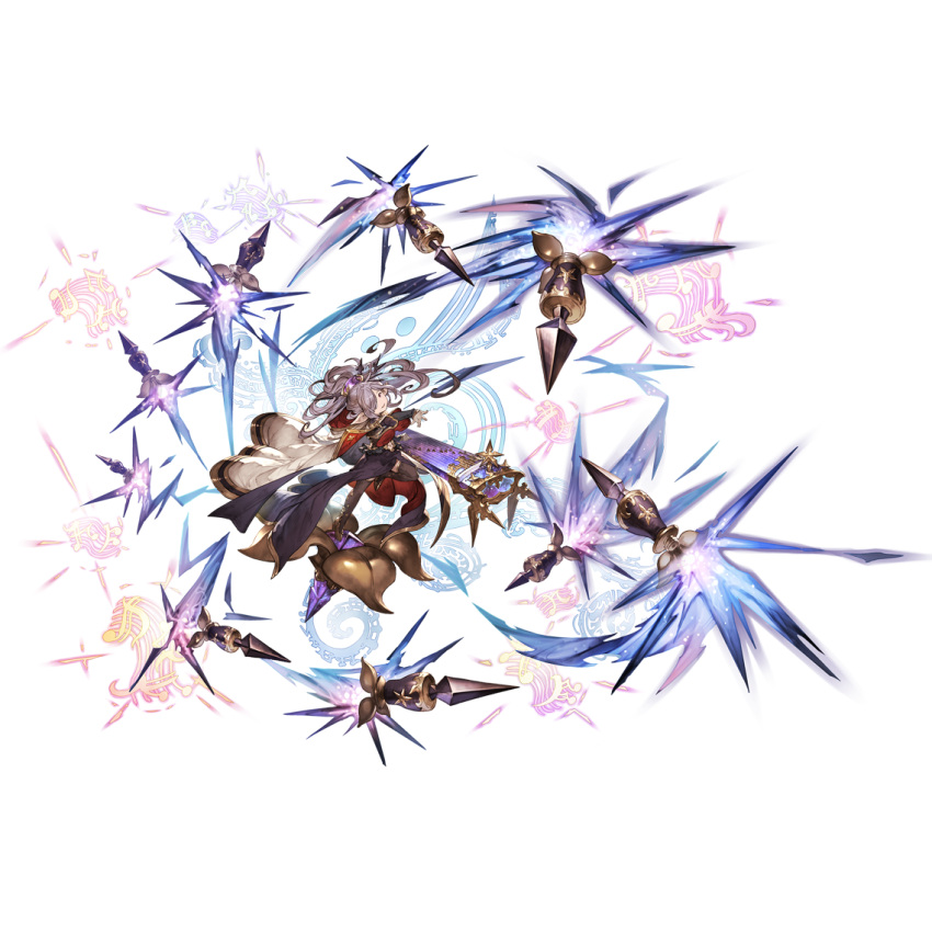 1girl cape clothing_cutout floating_hair full_body gloves granblue_fantasy hair_ornament hair_stick harvin instrument koto_(instrument) long_hair music musical_note navel navel_cutout niyon_(granblue_fantasy) official_art playing_instrument purple_eyes purple_hair solo staff_(music) thighhighs transparent_background