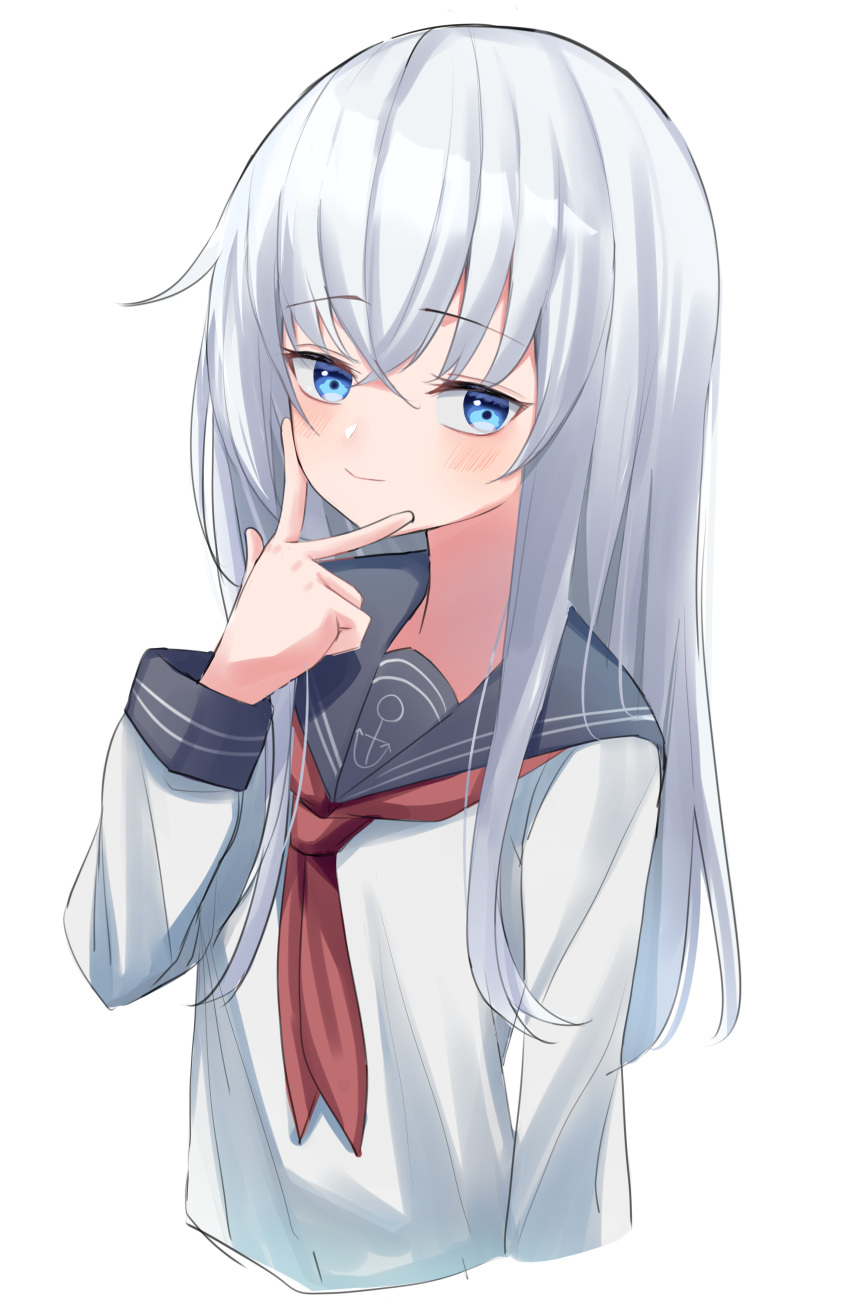 1girl absurdres anchor_symbol black_sailor_collar blue_eyes cropped_torso hibiki_(kancolle) highres kantai_collection light_smile long_hair looking_at_viewer neckerchief red_neckwear sailor_collar school_uniform serafuku silver_hair simple_background solo tachibana_(x_quick) upper_body white_background