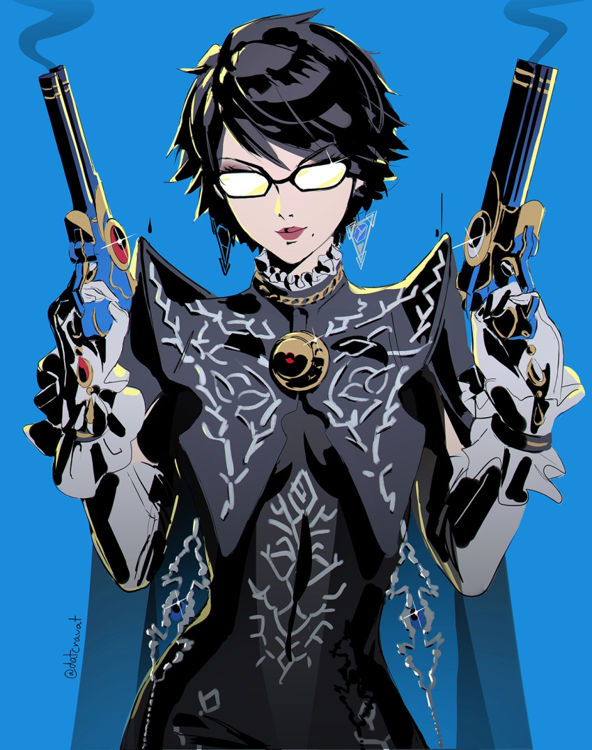 1girl bayonetta bayonetta_(series) bayonetta_2 black_footwear black_hair blue_background closed_mouth crescent datcravat dual_wielding earrings eyelashes eyeshadow frilled_gloves frills glint gloves gun handgun highres holding holding_gun holding_weapon jewelry light_smile makeup mole mole_under_mouth purple_eyeshadow red_lips see-through short_hair simple_background smile solo steam tinted_eyewear twitter_username weapon yellow-tinted_eyewear