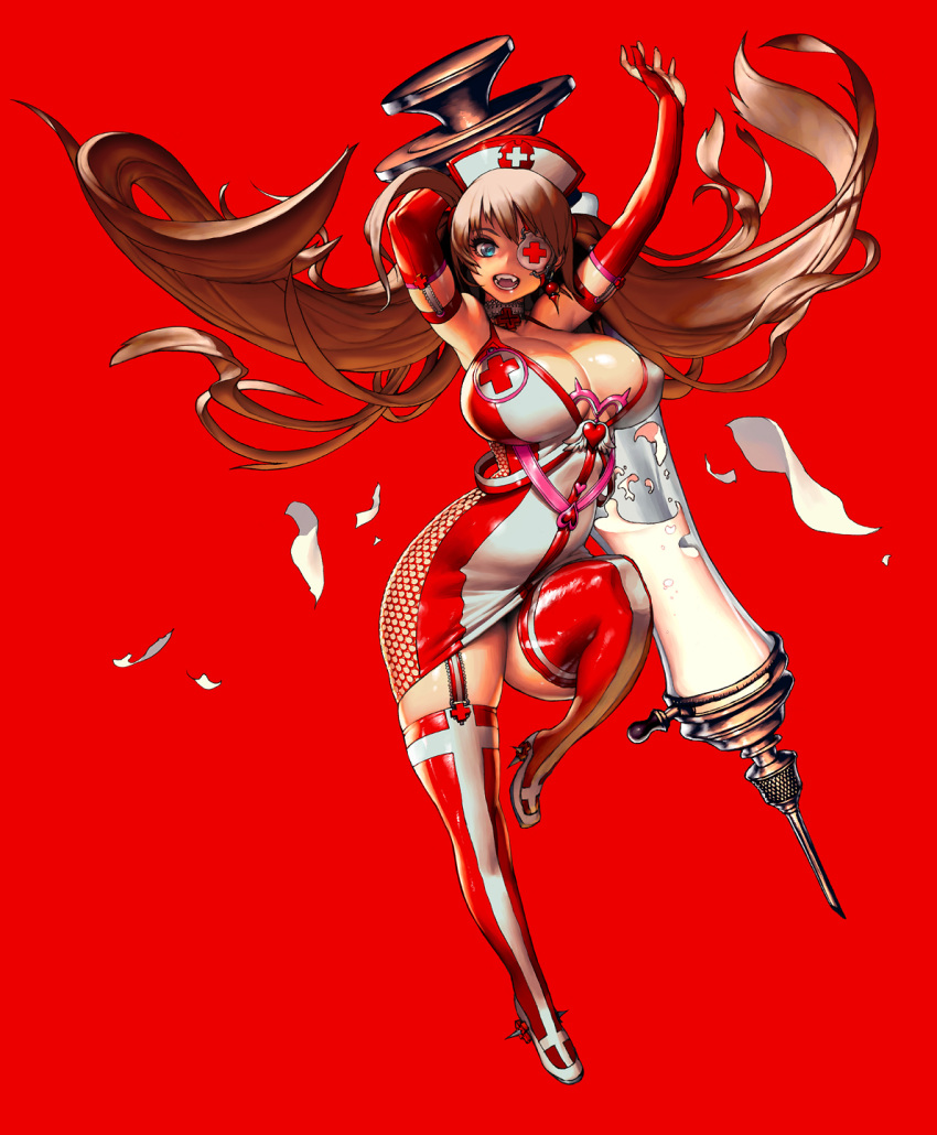 1girl arm_behind_back arms_up blue_eyes breasts brown_hair choker covered_nipples cross cross_choker dress earrings elbow_gloves eyepatch fangs frills garter_straps gloves hat heart high_heels highres holding holding_syringe jewelry kim_hyung_tae large_breasts leg_up liquid long_hair nurse nurse_cap open_mouth original oversized_object red_background red_footwear red_gloves red_legwear shiny shiny_skin simple_background single_earring skindentation solo spikes syringe teeth thighhighs tongue twintails x