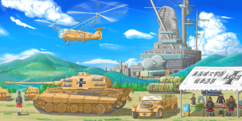 5girls aircraft artist_request blue_sky car caterpillar_tracks cloud commentary_request day elefant emblem fa_223_drache girls_und_panzer graf_zeppelin_(girls_und_panzer) ground_vehicle helicopter highres kubelwagen kuromorimine_(emblem) kuromorimine_military_uniform military military_vehicle motor_vehicle multiple_girls outdoors panzerkampfwagen_viii_maus sky tank taorumaki tiger_ii traditional_media translation_request