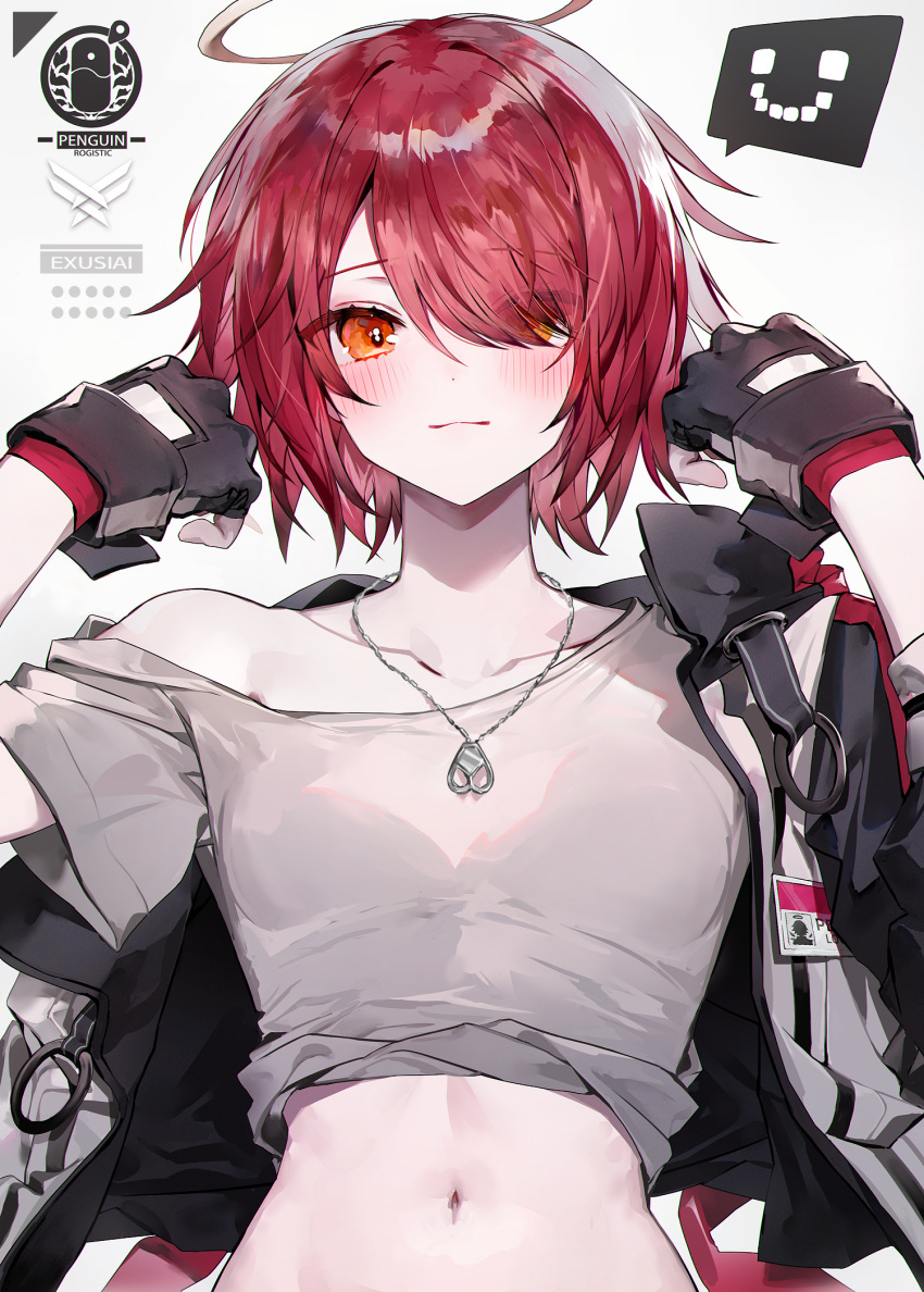 1girl arknights black_gloves blush breasts character_name closed_mouth collarbone exusiai_(arknights) eyes_visible_through_hair fingerless_gloves gloves grey_jacket grey_shirt hair_over_one_eye halo hands_up highres id_card jacket jewelry long_sleeves looking_at_viewer midriff muaooooo navel necklace off_shoulder open_clothes open_jacket orange_eyes penguin_logistics_logo red_hair shirt short_hair simple_background single_bare_shoulder small_breasts smile solo speech_bubble spoken_expression stomach upper_body white_background