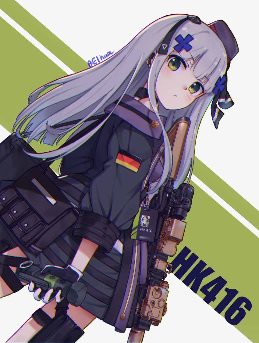 1girl 404_(girls'_frontline) absurdres assault_rifle bangs bei_hua beret dutch_angle german_flag girls'_frontline gloves green_background green_eyes grey_background gun h&amp;k_hk416 hat headgear heckler_&amp;_koch highres hk416_(girls'_frontline) id_card long_hair looking_at_viewer military_jacket multicolored multicolored_background official_alternate_costume rifle silver_hair solo thigh_strap weapon white_hair
