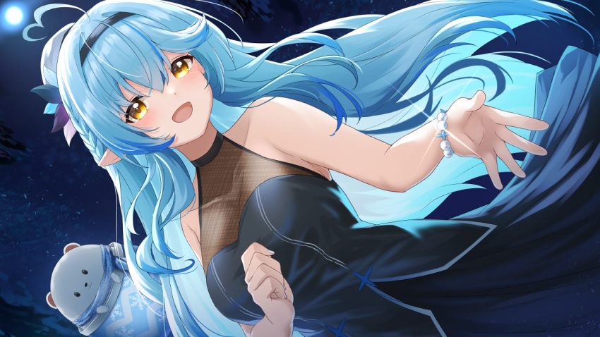 1girl :d antenna_hair bare_shoulders black_dress blue_hair blush bracelet braid breasts cleavage cloud collarbone daifuku_(yukihana_lamy) dress enatsu hairband halterneck heart_antenna_hair hololive jewelry long_hair looking_at_viewer medium_breasts moon nail_polish night night_sky open_mouth pointy_ears see-through sidelocks sky sleeveless sleeveless_dress smile tree virtual_youtuber yellow_eyes yukihana_lamy