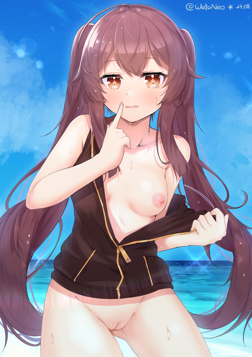 1girl ahoge ass_visible_through_thighs bangs black_jacket blue_sky blush bottomless breasts brown_hair censored collarbone contrapposto cowboy_shot dated day eyebrows_visible_through_hair finger_to_mouth flower-shaped_pupils genshin_impact highres horizon hu_tao_(genshin_impact) index_finger_raised jacket long_hair mosaic_censoring naked_jacket nipples no_bra ocean one_breast_out open_clothes open_jacket orange_eyes outdoors parted_lips partially_unzipped pussy shushing sky sleeveless sleeveless_jacket small_breasts solo sweat twintails twitter_username undressing very_long_hair wata_neo water