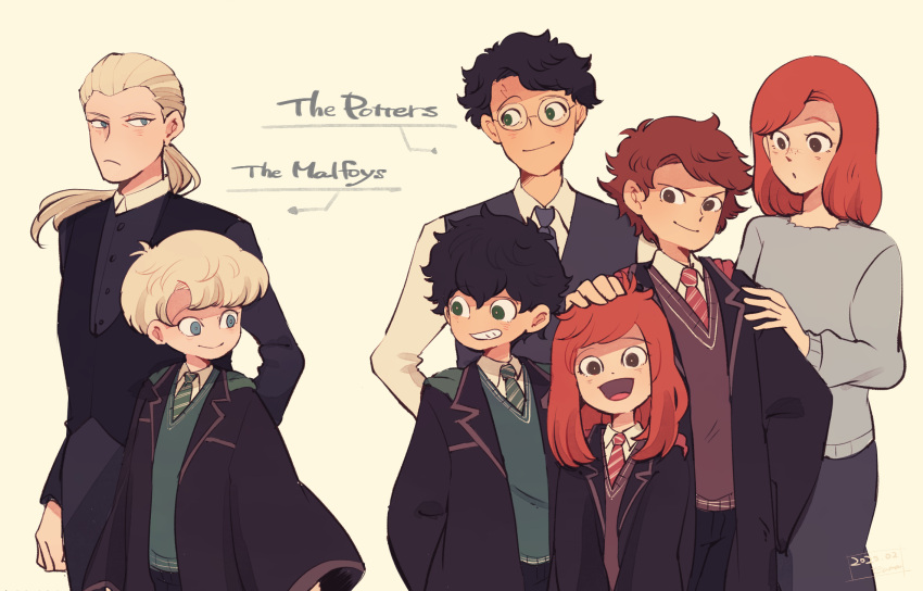 2girls 5boys albus_severus_potter amazou black_hair black_robe blonde_hair brown_hair father_and_daughter father_and_son ginny_weasley glasses gryffindor harry_james_potter harry_potter harry_potter:_the_cursed_child highres hogwarts_school_uniform james_sirius_potter lily_luna_potter long_hair mother_and_daughter mother_and_son multiple_boys multiple_girls necktie older ponytail red_hair scar scar_on_forehead school_uniform scorpius_malfoy short_hair slytherin smile striped striped_neckwear vest
