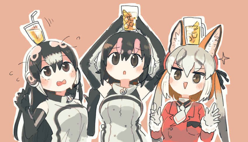 :3 african_penguin_(kemono_friends) animal_ears bare_shoulders black_gloves black_hair black_shirt black_sweater blush collared_shirt commentary_request drink elbow_gloves fox_ears fox_girl fur_trim glass_on_head gloves grey_gloves grey_hair hasu_(zatsugami) headphones high_collar highres humboldt_penguin_(kemono_friends) island_fox_(kemono_friends) jacket kemono_friends long_hair long_sleeves microphone multicolored_hair necktie official_alternate_costume orange_hair orange_jacket penguin_girl pink_hair shirt short_hair sleeveless sweater triangle_mouth twintails two-tone_hair two-tone_sweater virtual_youtuber white_hair white_neckwear white_sweater