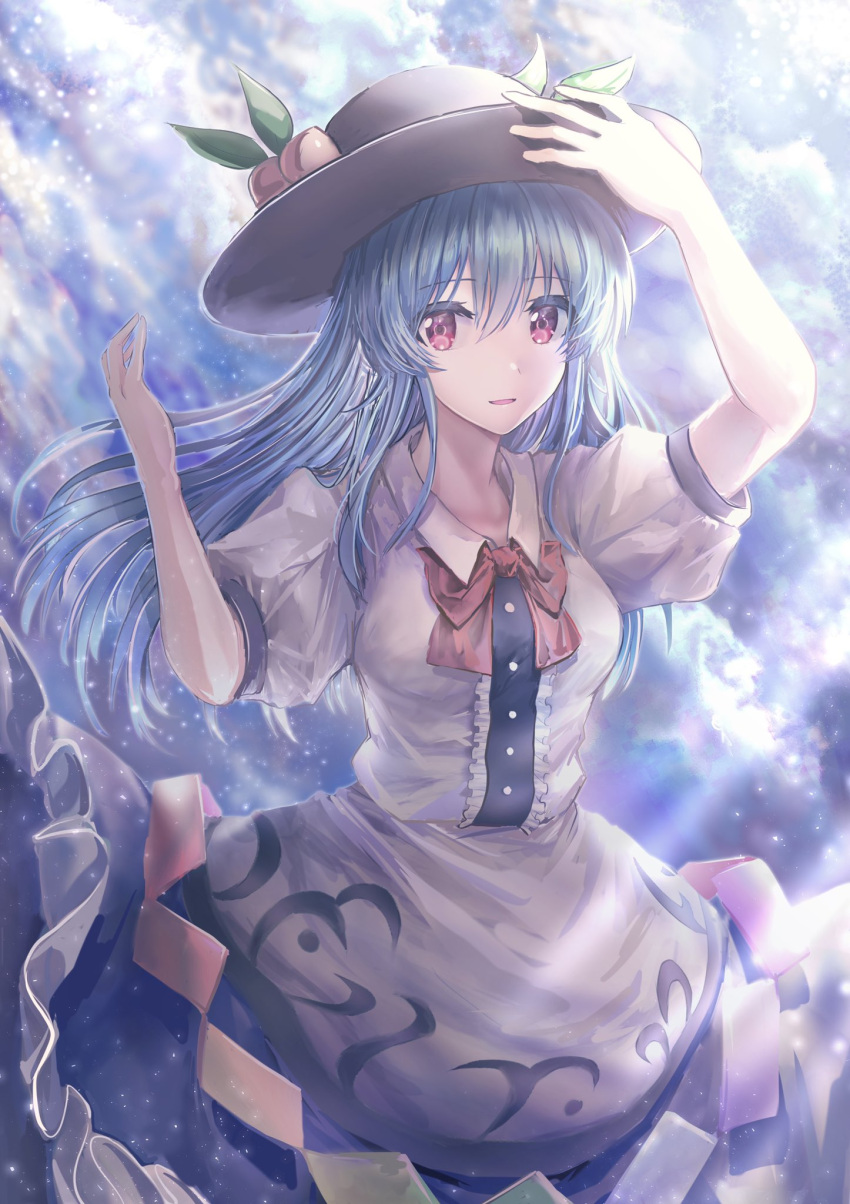 1girl arm_up bangs black_headwear blouse blue_hair blue_skirt blue_sky bow bowtie breasts buttons cloud cloudy_sky collar collared_blouse eyebrows_visible_through_hair food fruit hair_between_eyes hand_on_headwear hands_up hat highres hinanawi_tenshi leaf long_hair looking_at_viewer medium_breasts open_mouth peach puffy_short_sleeves puffy_sleeves red_bow red_eyes red_neckwear shadow short_sleeves skirt sky smile solo sunlight tabiji_(tabiji_s) touhou white_blouse white_sleeves