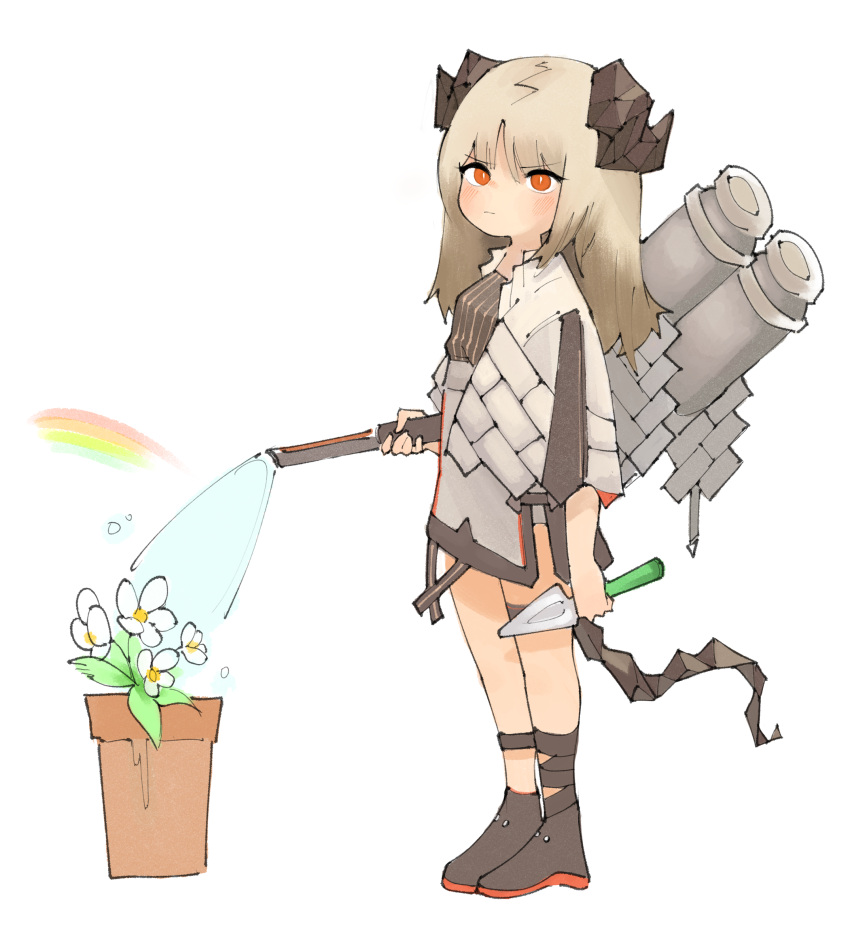 1girl annoyed arknights bare_legs black_dress black_footwear brown_hair cloak closed_mouth dress flamethrower flower from_side full_body hair_between_eyes highres holding holding_weapon horns ifrit_(arknights) looking_at_viewer looking_to_the_side pencil_dress plant rainbow red_eyes shoes short_dress short_hair simple_background soda_(sod4) solo thighs v-shaped_eyebrows watering weapon white_background white_cloak white_flower