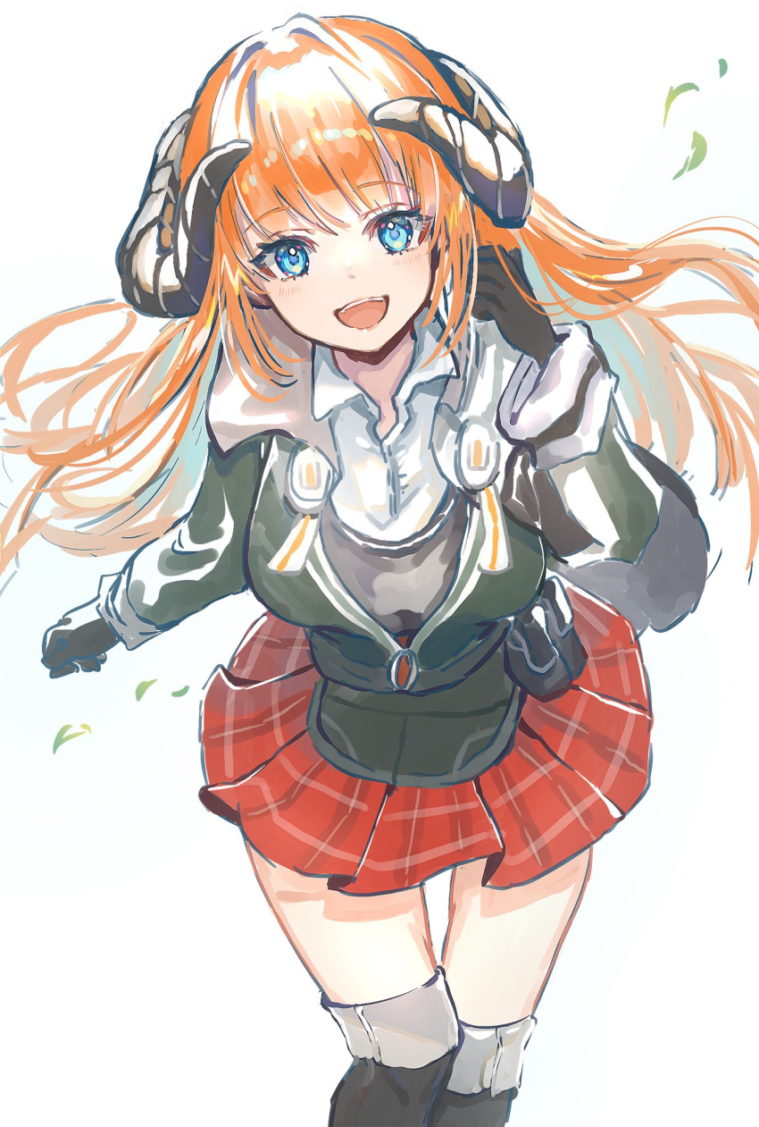 1girl arknights bagpipe_(arknights) belt_pouch black_footwear black_gloves black_legwear black_shirt blue_eyes boots commentary dragon_horns eyebrows_visible_through_hair feet_out_of_frame gloves green_jacket hand_up highres horns jacket long_hair looking_at_viewer nanaponi open_mouth orange_hair plaid plaid_skirt pleated_skirt pouch red_skirt shirt simple_background skirt smile solo thigh_boots thighhighs upper_teeth white_background white_shirt