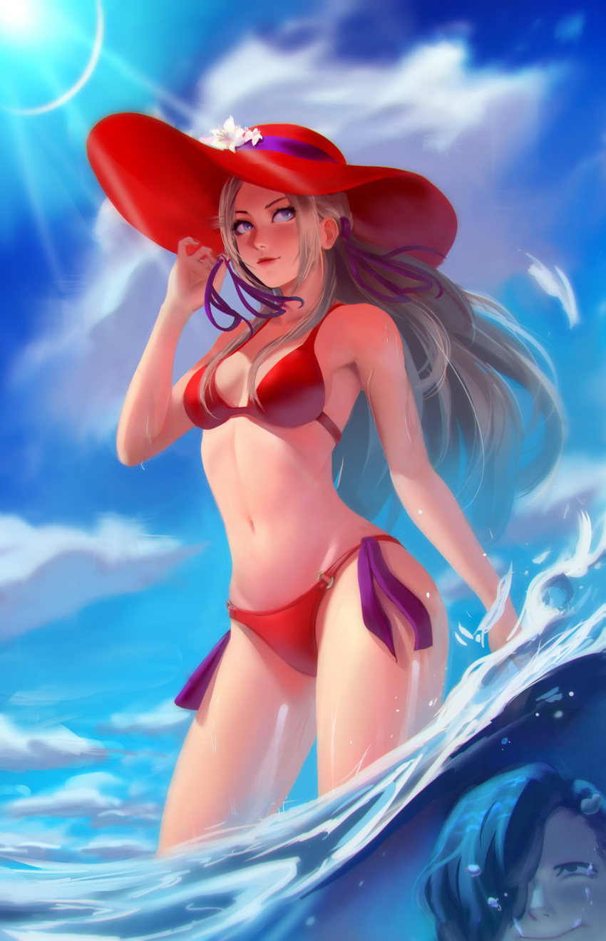 1boy 1girl absurdres alternate_costume beach bikini blue_sky breasts cleavage edelgard_von_hresvelg fire_emblem fire_emblem:_three_houses hat highres hubert_von_vestra lens_flare light_rays long_hair mattikarp medium_breasts navel partially_underwater_shot red_bikini red_headwear red_swimsuit silver_hair sky smile solo_focus standing stomach submerged sun_hat sunlight swimsuit underwater