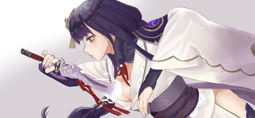 1girl absurdres armor bangs braid breasts bridal_gauntlets cleavage closed_mouth commentary_request electricity from_side genshin_impact hair_ornament highres holding holding_sword holding_weapon japanese_clothes kimono large_breasts long_hair long_sleeves nina_(pixiv31869672) obi obiage obijime purple_eyes purple_hair purple_nails raiden_shogun ribbon sash shoulder_armor simple_background solo sword tassel weapon wide_sleeves