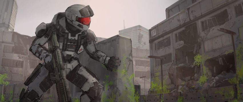 1boy commission gun halo_(game) halo_infinite highres holding holding_gun holding_weapon leaf looking_to_the_side power_armor ruins science_fiction second-party_source solo spartan_(halo) trigger_discipline visor weapon xerbatt