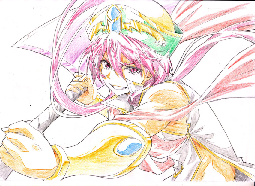 &gt;:) 1boy axe braid colored_pencil_(medium) grin hat highres kawai_masaki long_hair magi_the_labyrinth_of_magic male_focus pink_eyes pink_hair ren_kouha smile solo traditional_media upper_body v-shaped_eyebrows vambraces