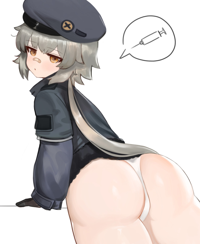 1girl ass bandaid bandaid_on_nose bangs beret black_gloves black_jacket brown_eyes commentary_request dokomon fur_trim girls'_frontline gloves grey_hair hat highres hs2000_(girls'_frontline) jacket korean_commentary long_hair looking_at_viewer looking_back panties solo spoken_symbol syringe underwear white_background white_panties