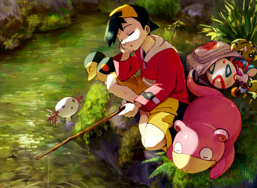 1boy backwards_hat bag baseball_cap bishamon_(usagi_ba) black_hair closed_eyes cyndaquil day ethan_(pokemon) fishing fishing_rod food gen_1_pokemon gen_2_pokemon hat head_rest highres male_focus moss outdoors parted_lips poke_ball pokegear pokemon pokemon_(creature) pokemon_(game) pokemon_egg pokemon_gsc ripples rock shorts sitting sleeping sleeping_upright slowpoke spinarak water wooper