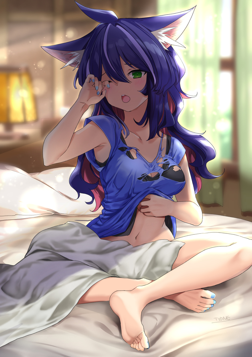 animal_ears cleavage feet sheets shirt_lift torn_clothes tyone