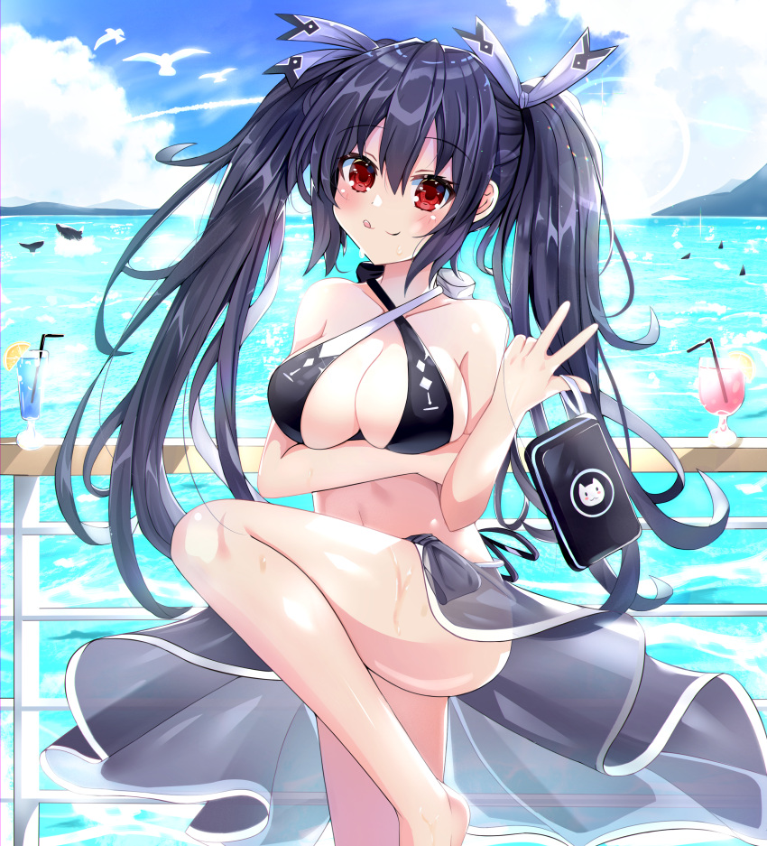 1girl absurdres alternate_costume bikini bikini_skirt black_hair blush breasts collarbone commentary day eyebrows_visible_through_hair giga-tera hair_between_eyes hair_ornament highres huge_filesize licking_lips long_hair looking_at_viewer medium_breasts navel neptune_(series) noire open_mouth outdoors red_eyes sidelocks smile solo standing standing_on_one_leg swimsuit tongue tongue_out twintails wet