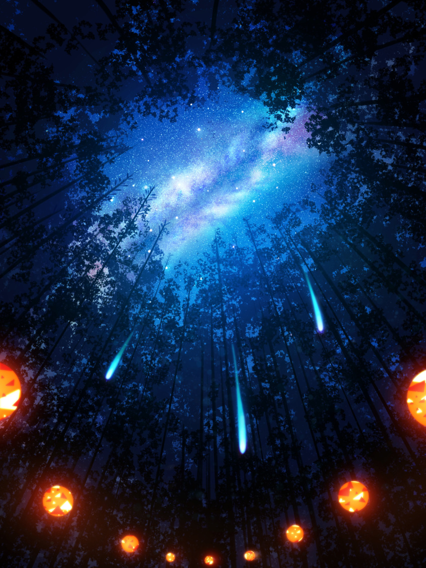 bamboo bamboo_forest cloud falling_star forest highres lantern nature night no_humans original outdoors scenery shuu_illust sky star_(sky) starry_sky tree