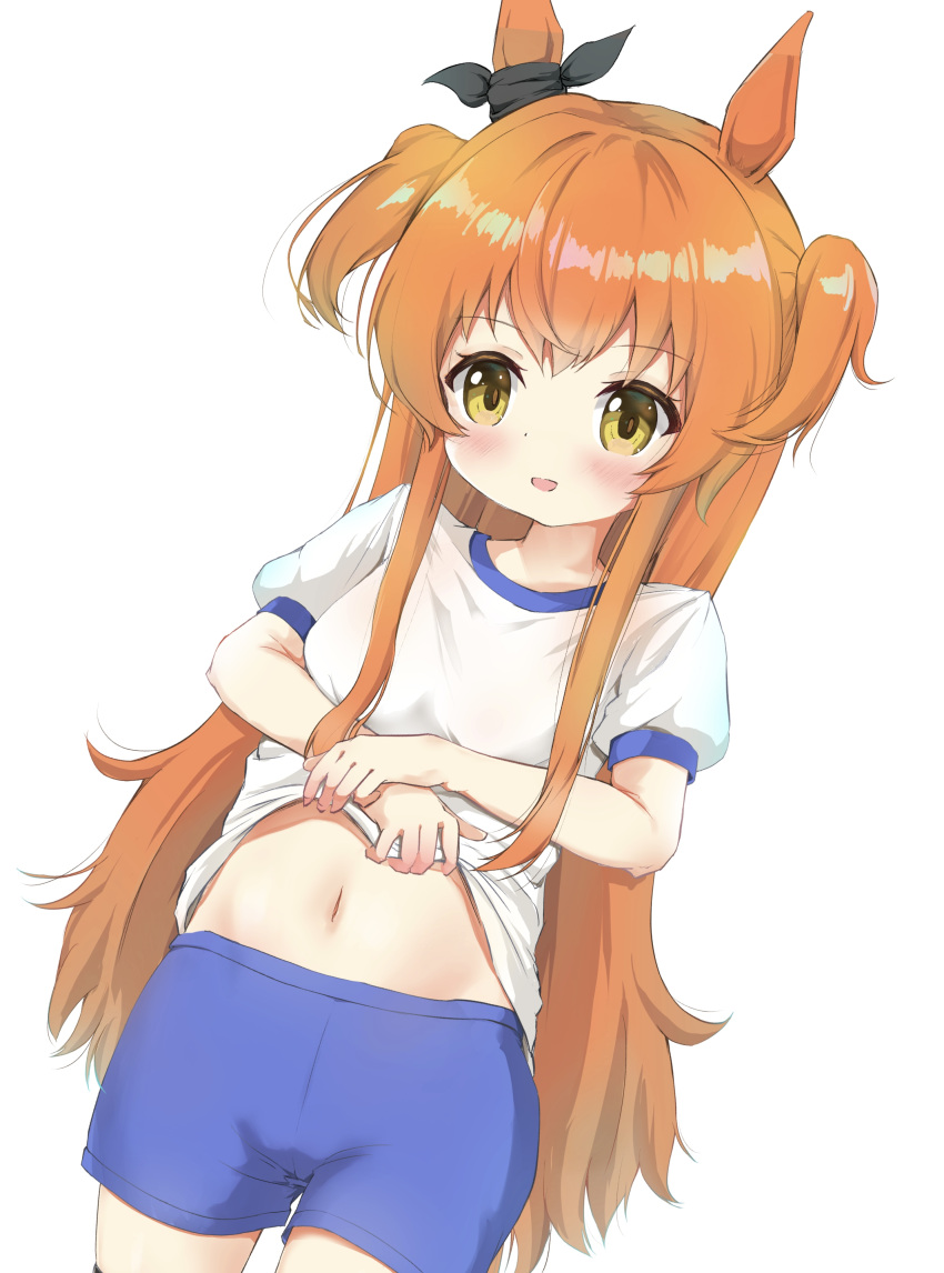 1girl :d absurdres animal_ears bangs black_legwear black_ribbon blue_shorts blush breasts brown_eyes brown_hair clothes_lift commentary cowboy_shot ear_ribbon eyebrows_visible_through_hair gym_shirt gym_shorts gym_uniform highres horse_ears horse_girl horse_tail lifted_by_self long_hair maru_shion mayano_top_gun_(umamusume) navel open_mouth puffy_short_sleeves puffy_sleeves revision ribbon shirt shirt_lift short_shorts short_sleeves shorts simple_background small_breasts smile solo tail thighhighs two_side_up umamusume undressing very_long_hair white_background white_shirt