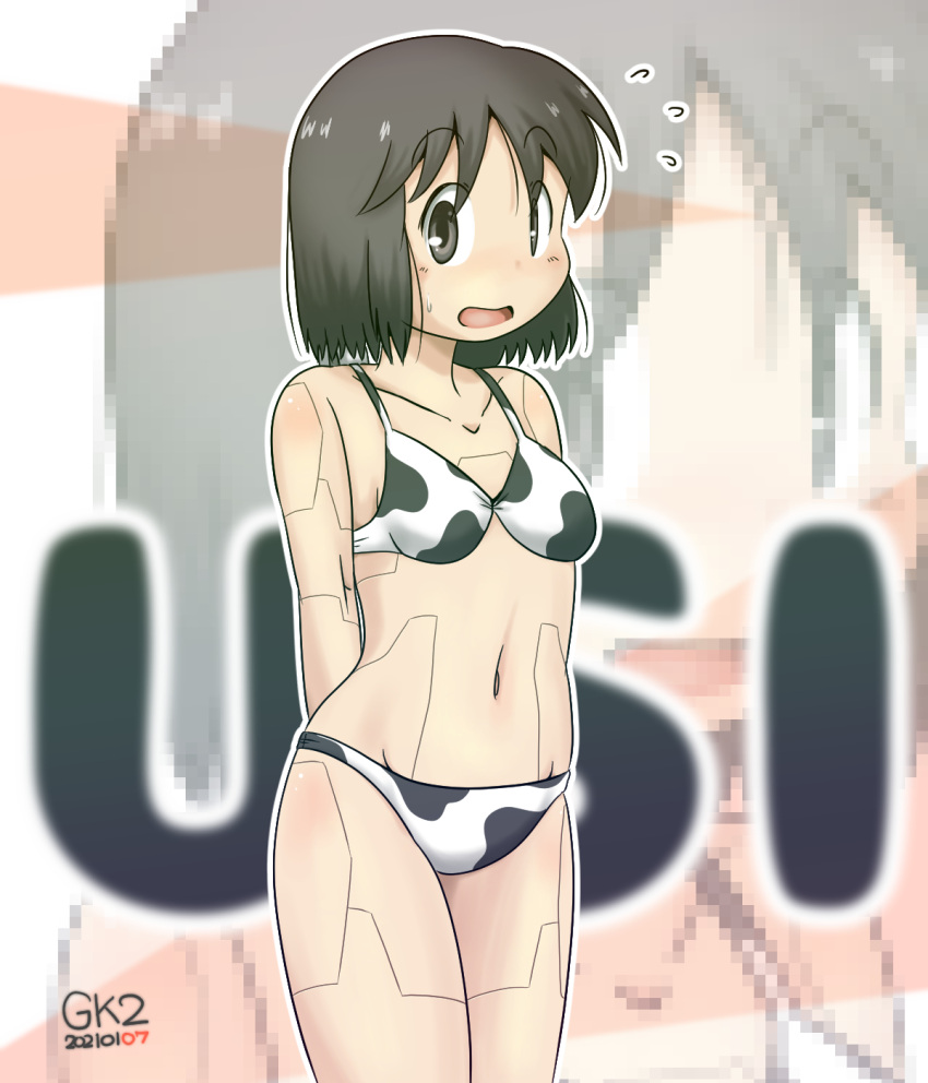 1girl :o animal_print arms_behind_back artist_name bikini black_eyes black_hair blush chinese_zodiac commentary_request cow_print dated eyebrows_behind_hair eyebrows_visible_through_hair flustered gaketsu highres looking_at_viewer medium_hair mosaic_background navel nichijou open_mouth robot shinonome_nano short_hair solo surprised sweatdrop swimsuit year_of_the_ox