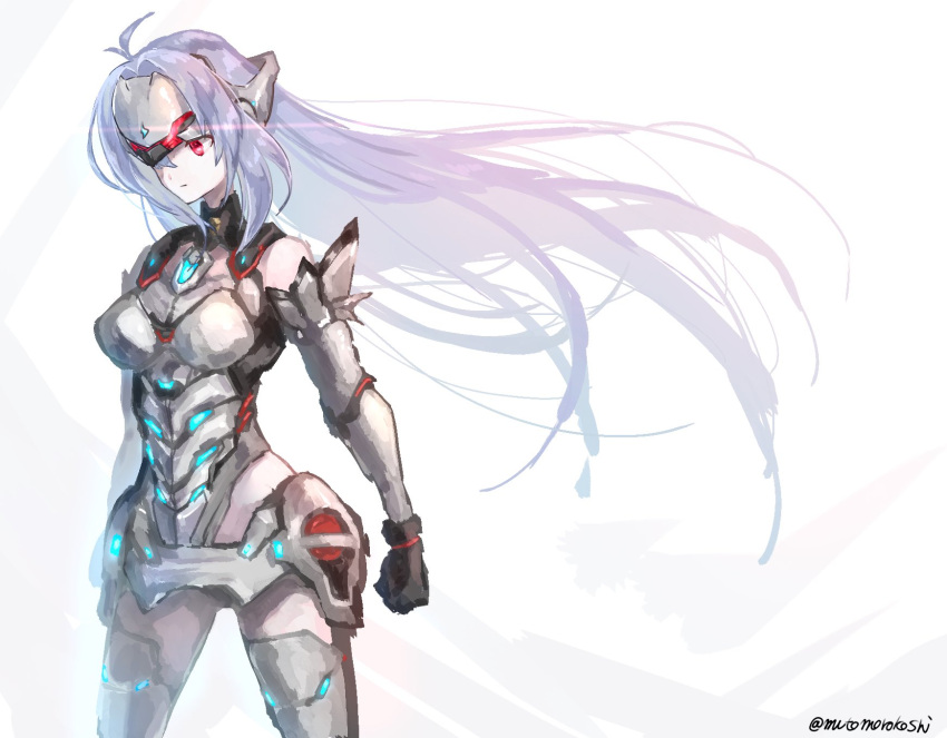 1girl android bare_shoulders blue_hair breasts elbow_gloves expressionless forehead_protector gloves highres kos-mos kos-mos_re: large_breasts leotard long_hair looking_at_viewer mutomorokoshi red_eyes simple_background solo standing thighhighs very_long_hair white_leotard xenoblade xenoblade_chronicles_(series) xenoblade_chronicles_2 xenosaga